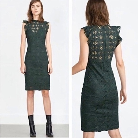 Zara Dark Forest Green Lace Dress  Flutter Cap Sleeves Size XS - Picture 1 of 11